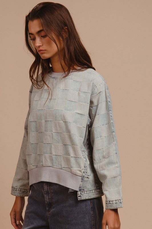 Washed Checkered Round Neck Denim Top