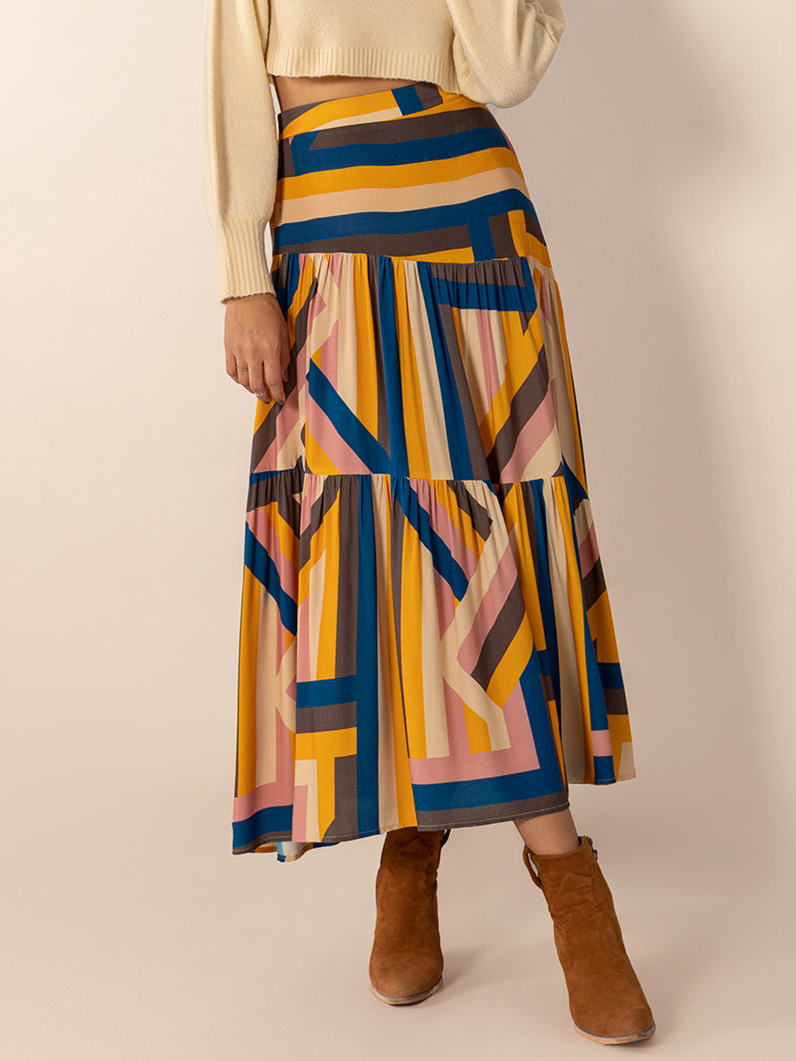 Waist Contrast Midi Skirt