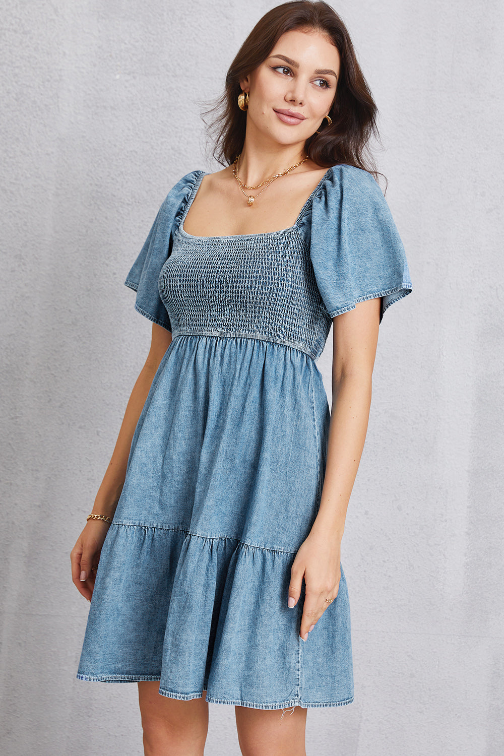 Square Neck Mini Denim Dress