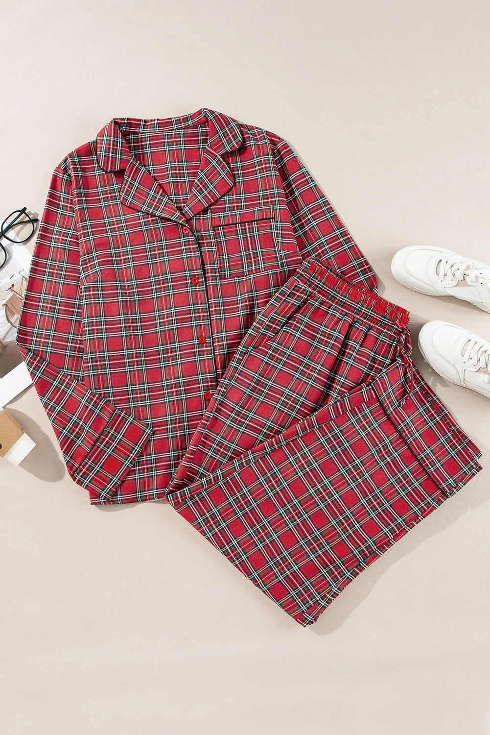 Plaid Collared Neck Top & Pants Lounge Set