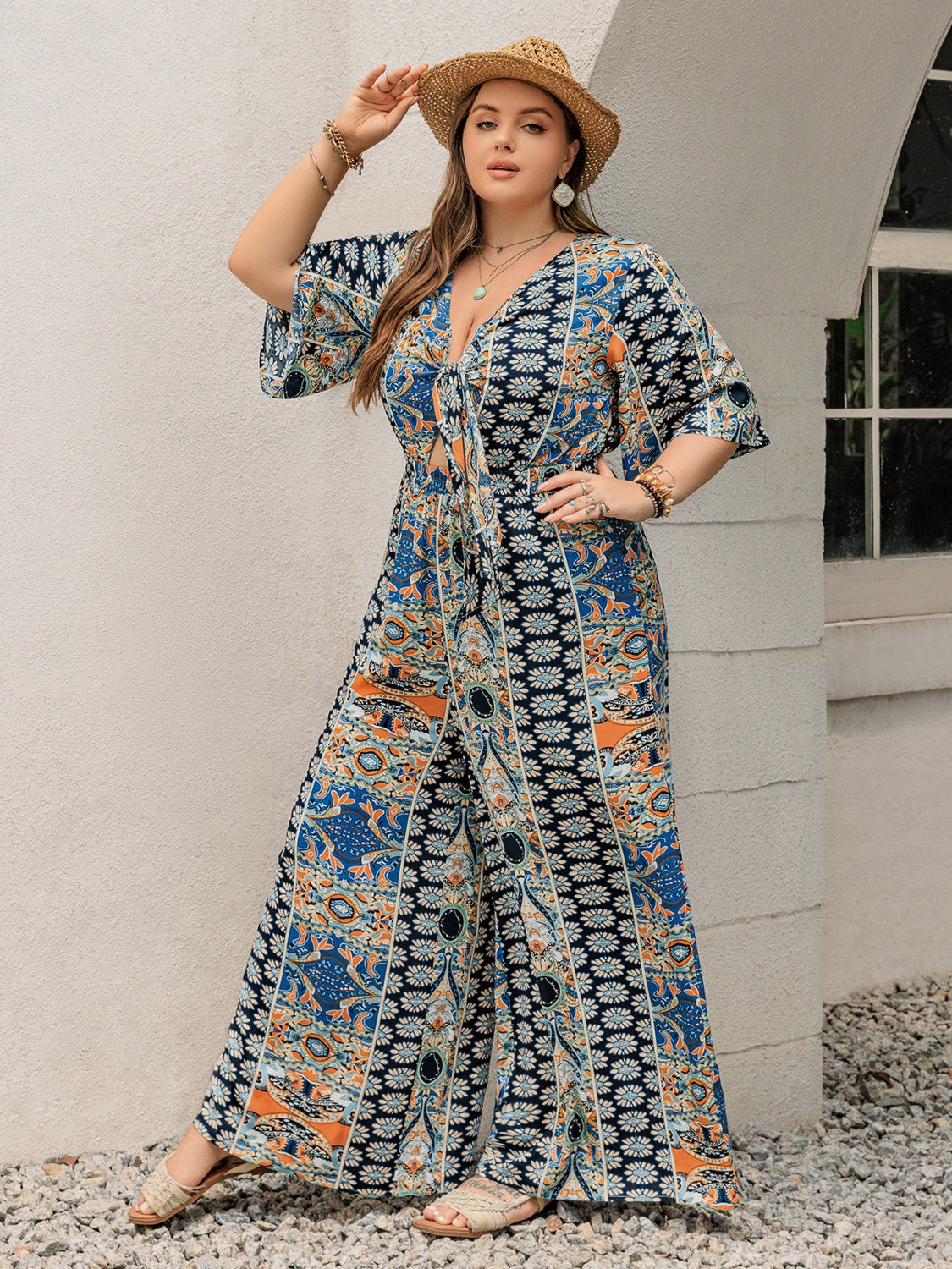 Half Sleeve Wide Leg Jumpsuit