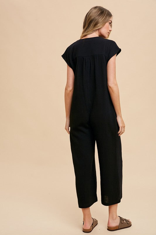 Button Detail Wide Leg Jumpsuit with Pockets