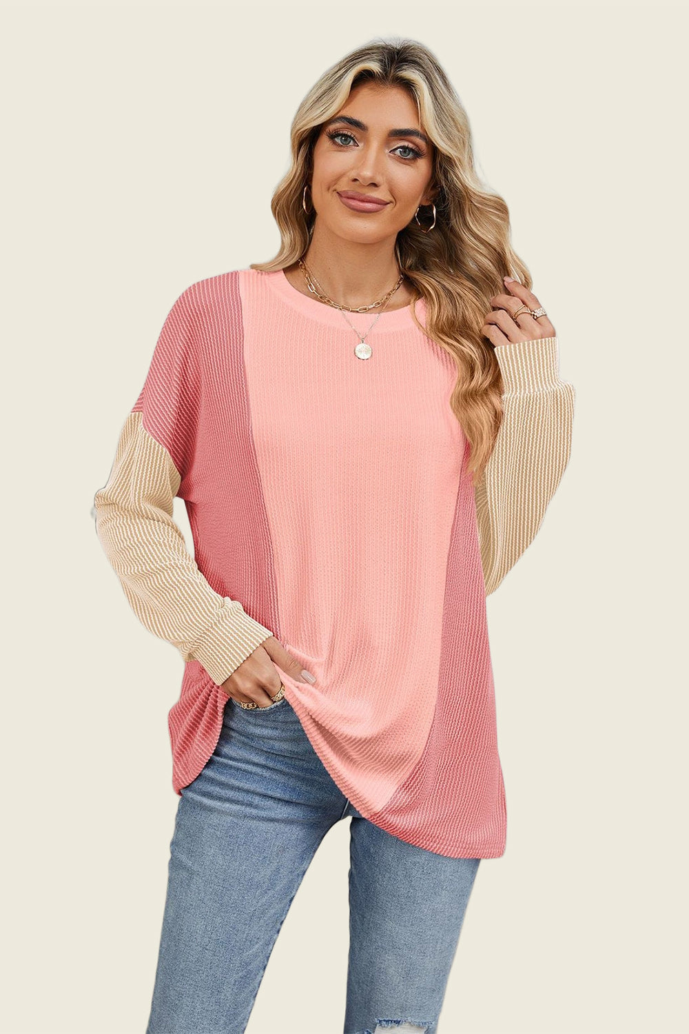 Texture Contrast Long Sleeve T-Shirt