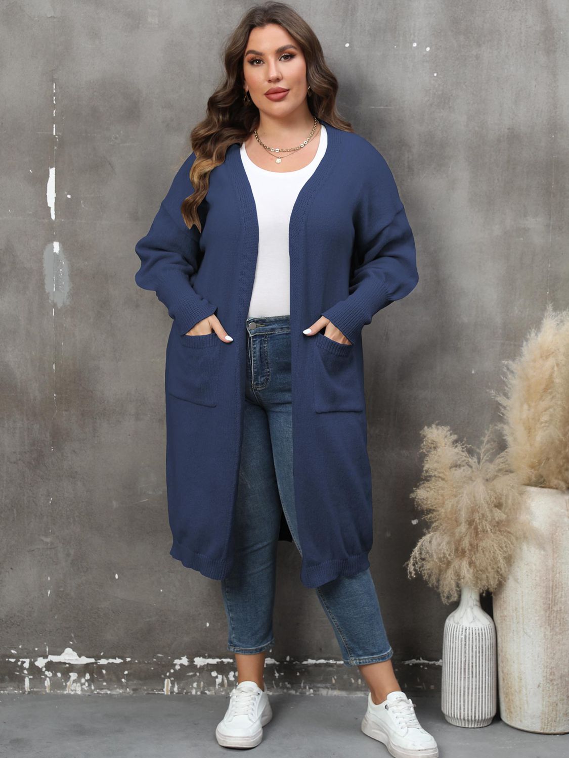 Plus Size Pocketed Cardigan