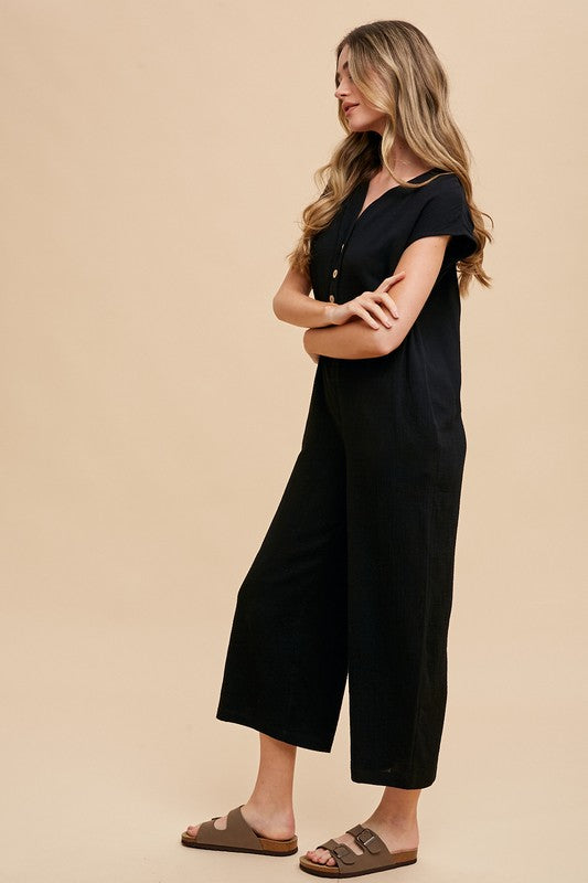 Button Detail Wide Leg Jumpsuit with Pockets