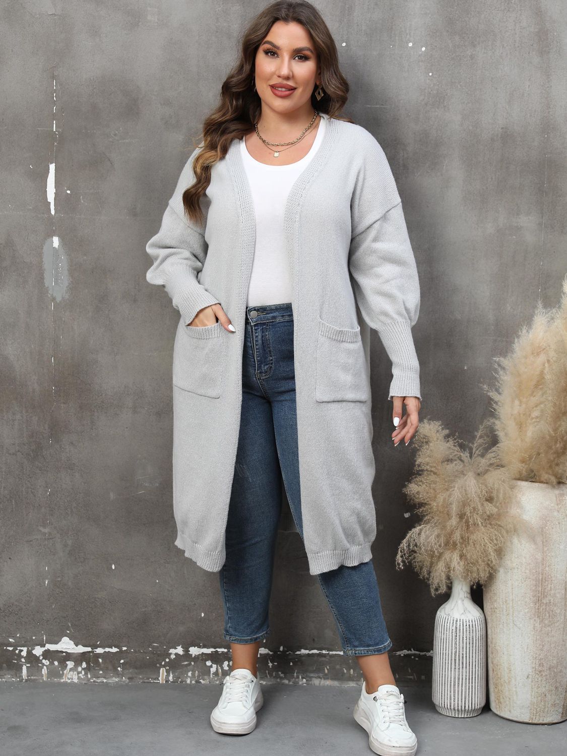 Plus Size Pocketed Cardigan