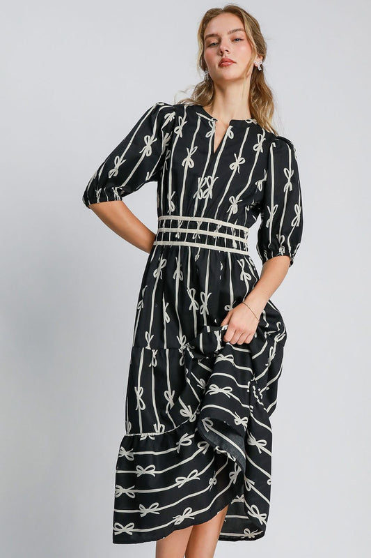 Notched Contrast Velvet Trim Midi Dress