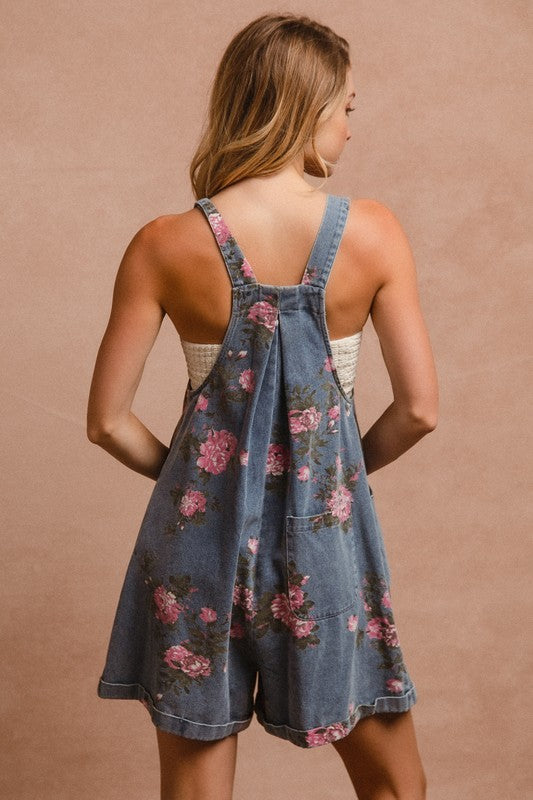 Flower Printed Wide Strap Denim Overalls